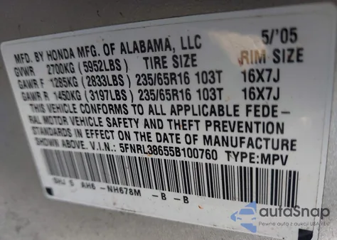 2005 Honda Odyssey Ex-L from USA, damaged, VIN 5FNRL38655B100760